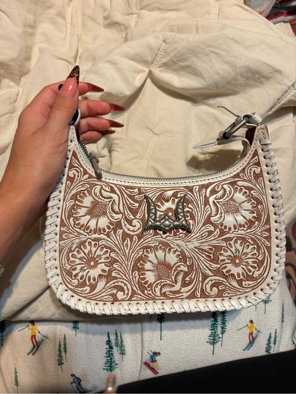 Loyal West Hand-Tooled Floral Shoulder Bag in White and Brown